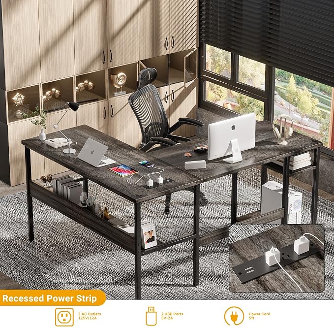 Unikito Reversible L Shaped Desk with Magic Power Outlets and USB Charging Ports, Sturdy Corner Computer Desk with Storage Shelves, Gaming Desk for Home Office, Easy to Assemble, Black Oak