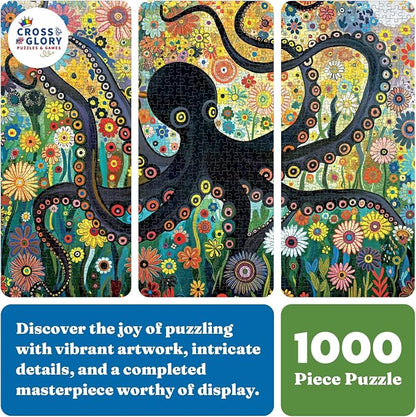 Cross & Glory - The Octopus Who Grew Flowers - 1000 Piece Jigsaw Puzzle for Adults | Vibrant Octopus and Floral Artwork | Challenging Puzzle for Adults | Eco-Friendly Materials