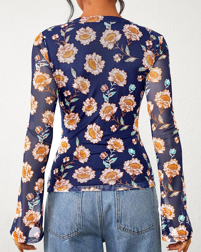 BTFBM Button Down Shirts for Women 2026 Fall Boho Tops V Neck Long Sleeve Blouses Ruched Mesh Fitted Fashion Clothing