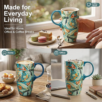 Topadorn 17oz Ceramic Travel Mug with Lid, Art Nouveau Floral Coffee Mug | Vintage Blue Botanical Latte Cup, Microwave & Dishwasher Safe Gift Mug for Home Office Commute