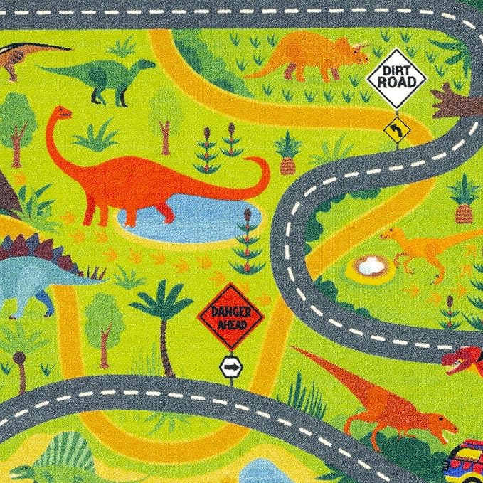 KC Cubs Dinosaur Dino Safari Road Map Learning & Game Area Carpet for Kids and Children Bedrooms and Playroom Educational Rug, 5 ft x 6 ft 6 in, Multi