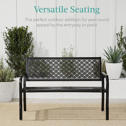 Best Choice Products Outdoor Bench 2-Person Metal Steel Benches Furniture for Garden, Patio, Porch, Entryway w/Geometric Backrest, 790lb Capacity – Black