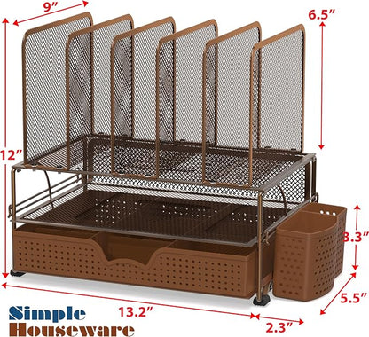 Simple Houseware Desk File Organizer for Office Supplies w/Drawer, Copper | Double Tray, Pencil Holder, and 5 Upright Sections with Sliding Drawer