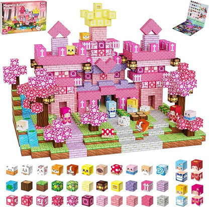 300PCS Magnetic Blocks Building Toys for Kids - 0.8in Magnet Cubes Cherry Blossom Forest Theme Toddler Toys, STEM Preschool Educational Sensory Construction Set, Birthday Gifts for Boys Girls Age 3-8