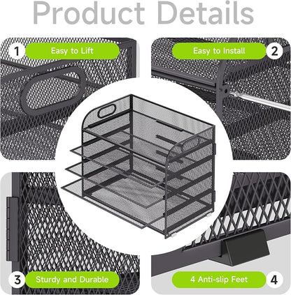Cawukege 5 Tier Paper Organizer with Handle, Grey Metal Mesh Desk Organizer File Folder Paper Letter Tray Desktop Document Sorter for Classroom, School, Office Accessories Organization and Storage