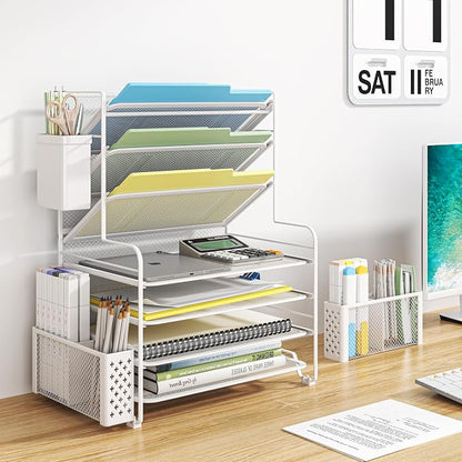 Simple Trending 7 Tier Desk File Organizer, Letter Tray Paper Organizer with Pen Holder and Metal Hanging Basket, White