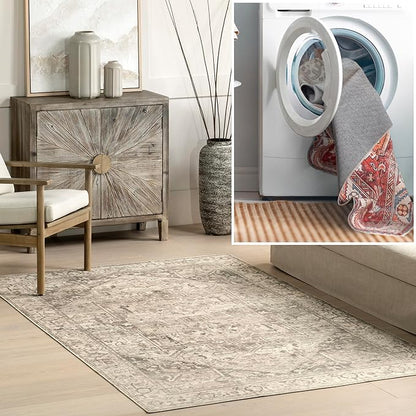 nuLOOM 2x3 Machine Washable Rain Haven Vintage Medallion Area Rug, Grey, Traditional Faded Design, Non-Slip Backing, Stain Resistant, For Bedroom, Dining Room, Living Room, Kitchen