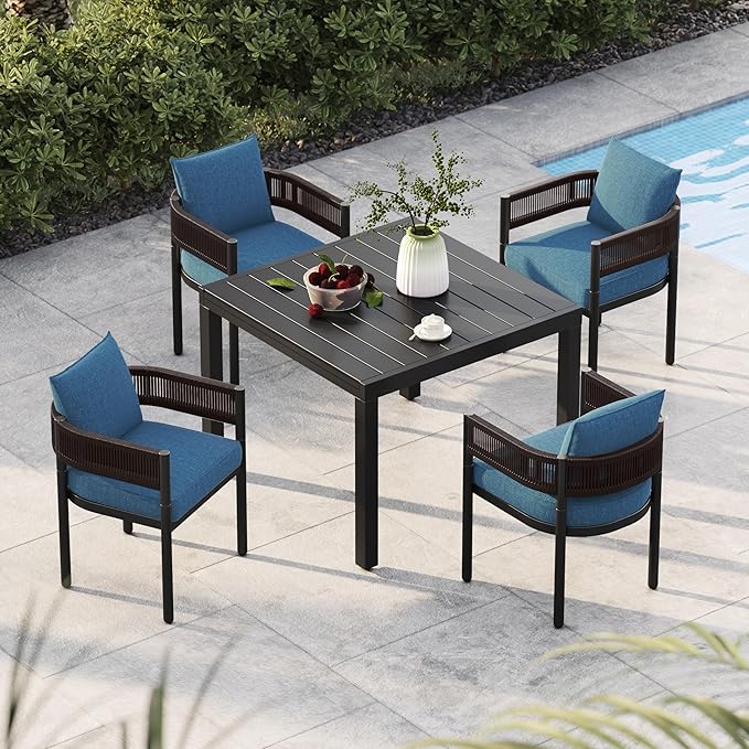 Grand patio 5-Piece Outdoor Dining Set for 4 with 1 Rectangle Expandable Table for 4-6 Person, Metal Woven Wicker Fixed Patio Chairs with Thickened Cushions for Yard, Poolside (Brown)