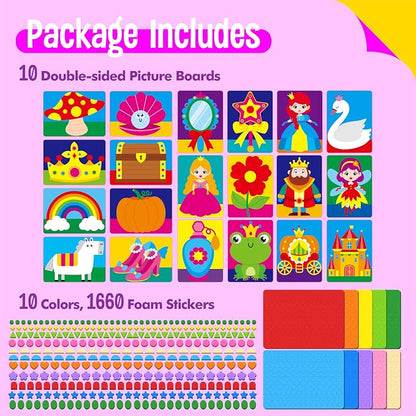 SpriteGru Foam Sticker Art Activity, 10 Princess & Castle Art Board with 1660 Foam Stickers in 10 Colors, Funny DIY Activity Creative Craft Kits Travel Game for Kids, Boys & Girls