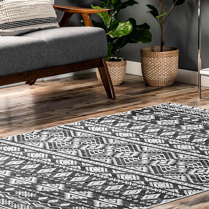 nuLOOM Madlyn Tribal Machine Washable Ultra Thin Area Rug, 5' x 8', Charcoal
