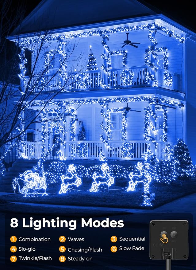 2-Pack 400LED 170FT Total Solar Outdoor Lights IP65 Waterproof Solar Powered Lights with 8 Lighting Modes for Party Garden Yard Home Holiday Tree Decoration Lighting,Blue