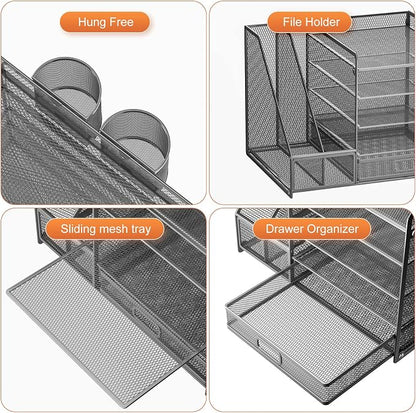 Marbrasse 5-Tier Paper Letter Tray Organizer with Drawer and Pen Holder, Mesh Desktop Organizer and Storage with Magazine Holder for Office Supplies (Grey)
