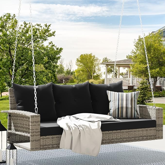 DWVO 3-Seats Wicker Hanging Porch Swing Chair Outdoor Gray Rattan Patio Swing Lounge 3 Back Cushions Capacity for Garden, Balcony, Gray Rattan Black Cushion
