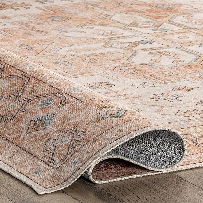 nuLOOM Dawson Machine Washable Distressed Medallion Ultra Thin Area Rug, 6' x 9', Peach