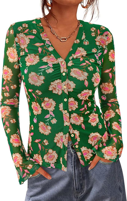 BTFBM Button Down Shirts for Women 2026 Fall Boho Tops V Neck Long Sleeve Blouses Ruched Mesh Fitted Fashion Clothing