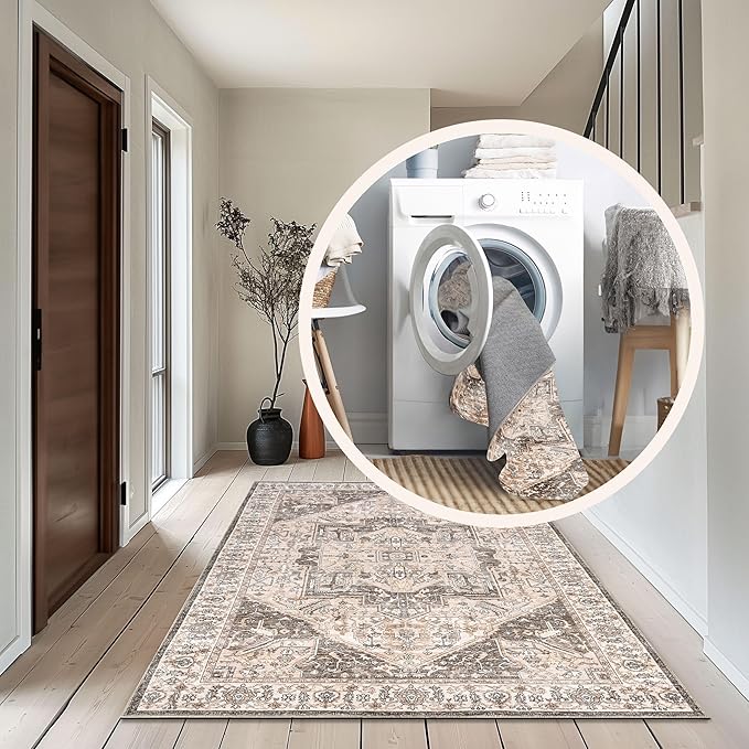 nuLOOM 4x6 Machine Washable Rain Haven Vintage Medallion Area Rug, Brown, Traditional Faded Design, Non-Slip Backing, Stain Resistant, For Bedroom, Dining Room, Living Room, Kitchen