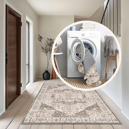 nuLOOM 4x6 Machine Washable Rain Haven Vintage Medallion Area Rug, Brown, Traditional Faded Design, Non-Slip Backing, Stain Resistant, For Bedroom, Dining Room, Living Room, Kitchen
