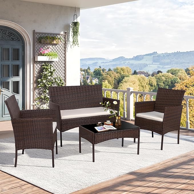 Shintenchi 4 Piece Outdoor Patio Furniture Set, Wicker Rattan Patio Conversation Set, Outdoor Chairs and Loveseat with Coffee Table for Porch, Yard & Poolside (Brown)