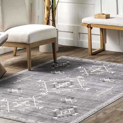 nuLOOM Evalyn Southwestern Machine Washable Ultra Thin Area Rug, 4' x 6', Grey