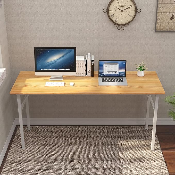 Need Home Office Desk - 62 Inches Large Computer Desk Sturdy Black Table Foldable Desk Gaming Computer Table No Assembly Required Teak&White AC5BW(157.5 * 60) | White Frame Writing Gaming Work Table/Foldable Home Office Desk/Sewing Table, No Assembly R...