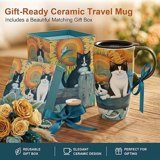 Topadorn 17oz Ceramic Travel Mug with Lid, Sunflower & Cat Coffee Mug | Coffee Mug with Handle, Cat & Sunflower Design, Spill-Resistant Lid, Microwave & Dishwasher Safe, Gift Box Included
