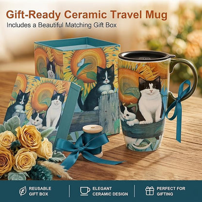 Topadorn 17oz Ceramic Travel Mug with Lid, Sunflower & Cat Coffee Mug | Coffee Mug with Handle, Cat & Sunflower Design, Spill-Resistant Lid, Microwave & Dishwasher Safe, Gift Box Included