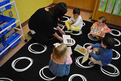 Flagship Carpets Circle Sampler Abstract Educational Area Rug for Kids Room or Childrens Classroom Carpet, Playroom or Home Learning, 7'6" x 12', Black