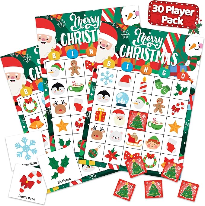 Joyousa Christmas Bingo Game for Kids, Large Groups - 30 Players - Christmas Games for Family Party - Reusable Christmas Bingo for Kids Christmas Party Games - Christmas Gifts for Grandkids