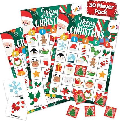 Joyousa Christmas Bingo Game for Kids, Large Groups - 30 Players - Christmas Games for Family Party - Reusable Christmas Bingo for Kids Christmas Party Games - Christmas Gifts for Grandkids