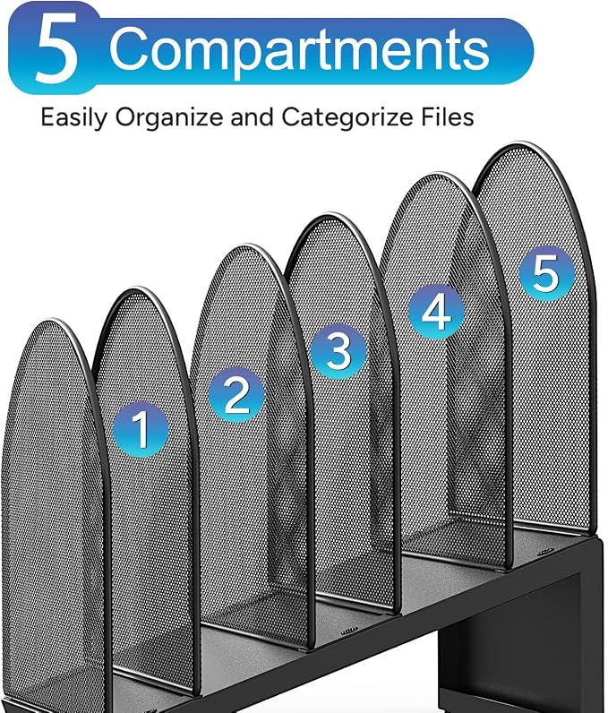 gianotter Desktop File Organizer with 5 Compartments | Desk Organizer Paper Organizer for Desk Workspace Organizers for Office Supplies (Black, Inclined Style)