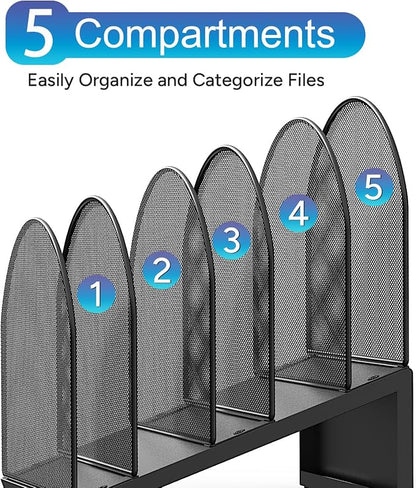 gianotter Desktop File Organizer with 5 Compartments | Desk Organizer Paper Organizer for Desk Workspace Organizers for Office Supplies (Black, Inclined Style)
