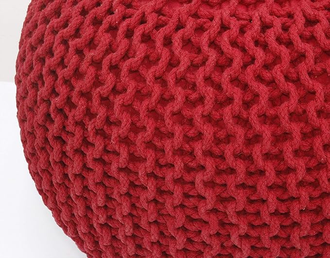 COTTON CRAFT - Hand Knitted Cable Style Dori Pouf - Red - Floor Ottoman - Cotton Braid Cord - Handmade & Hand Stitched - Truly one of a Kind Seating - 20 Dia x 14 High