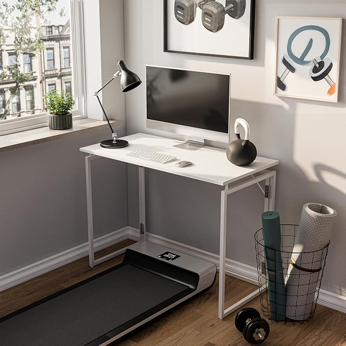 alawooder 39.4" Folding Desk: No Assembly, Wood Top for Small Spaces | 39.4 in dual-monitor workspace, holds 150 lbs, folds flat to 2.3 in, splash-proof top, home office or gaming