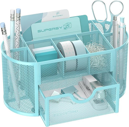 Mesh Desk Organizer with Drawer, 9-Compartment Pen Holder for Desk, Blue | Pull-Out Drawer Stores Pens, Pencils, Clips, Notes, and Small Office or School Supplies in One Compact Desk Caddy