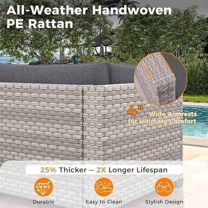 10-Seat Outdoor Wicker Patio Furniture Set with Fire Pit Table, Modular Rattan Sectional Sofa & 2 Swivel Rocking Chairs, 4" Thick Cushions, Rust-Resistant Frame,Black