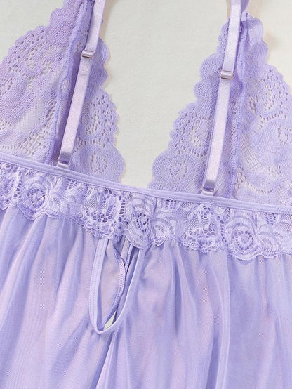 Foxiny Sexy Open Front V Neck Ruffle Sheer Mesh Lace Wireless Babydoll Lingerie Dress with Thong 2 Piece