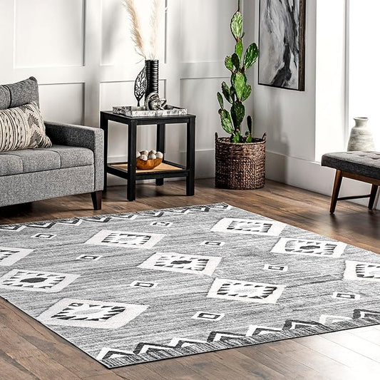 nuLOOM Arie Tribal Diamond Machine Washable Ultra Thin Area Rug, 8' x 10', Grey