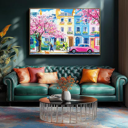 Puzzles for Adults 1000 Pieces Urban Cherry Blossom Spring Street and Pink Vintage Car Art Jigsaw Puzzle for Family Fun Challenging, Party Game Gifts Decoration (27.5" x 19.7")