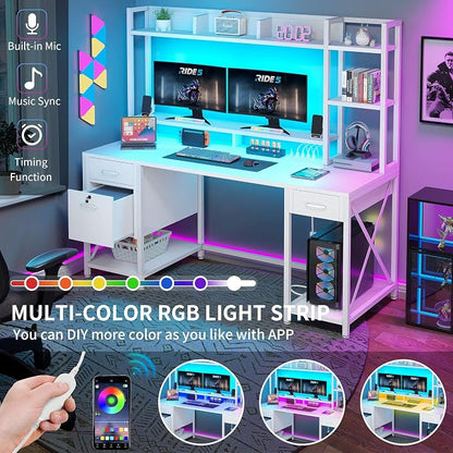 DWVO Computer Desk with Drawers & Hutch, 59.1" Office Desk with Power Outlets & LED Lights, Home Office Desk with Storage Shelves, White | Built-In Power Outlets, Led Lights, Hutch Shelves, Storage Drawers, for Home Office Work Study, Easy Assembly