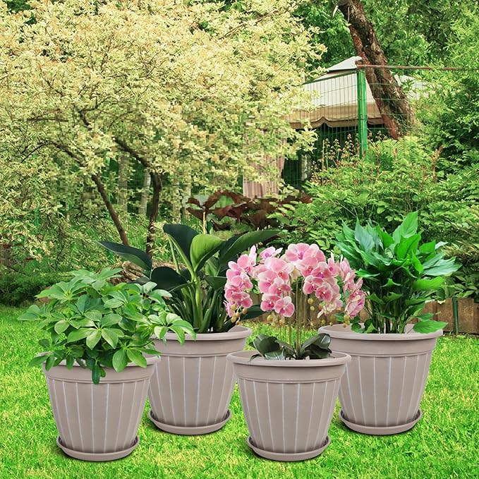 FGstyle 12 Inch Pots for Plants,4 Pack Tall Planters,Large Flower Pots with Drainage Hole & Saucer,Decorative Outdoor Planter for Planting Medium Large Plants(Beige