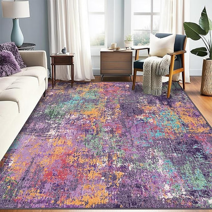 RELEANY Washable Area Rugs 5'x7' Non-Slip Modern Abstract Soft for Living Room Entryway Bedroom Kitchen, Print Pattern, Purple Orange Blue Green Rust Red Colorful