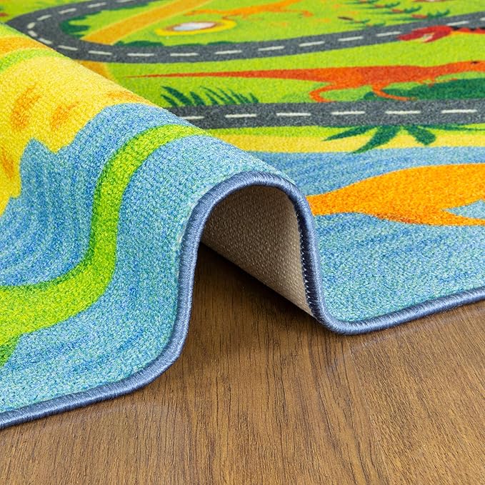 KC Cubs Dinosaur Dino Safari Road Map Learning & Game Area Carpet for Kids and Children Bedrooms and Playroom Educational Rug, 5 ft x 6 ft 6 in, Multi