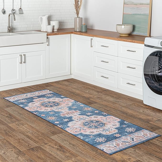 nuLOOM Norma Machine Washable Traditional Medallion Ultra Thin Runner Rug, 2' 6" x 8', Blue
