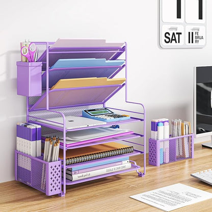 Simple Trending 7 Tier Desk File Organizer, Letter Tray Paper Organizer with Pen Holder and Metal Hanging Basket, Purple