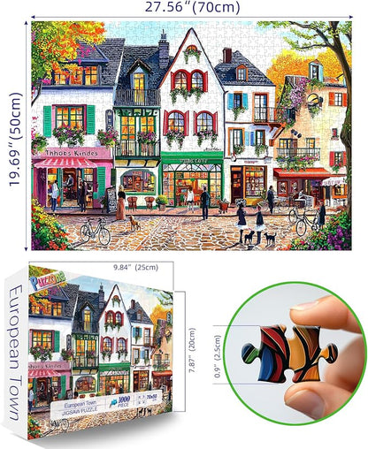 European Street Scene 1000 Piece Jigsaw Puzzle for Adults Seniors Colorful Buildings Autumn Tree Jigsaw Puzzle with Letters on Back Framable Puzzles for Perfect Family Game Night(27.6"x19.7")