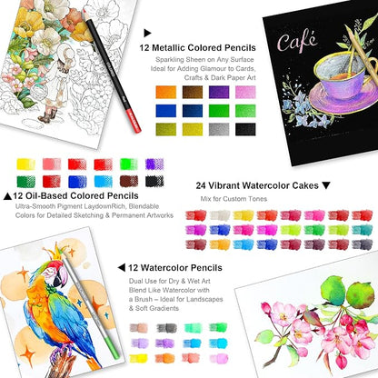 KALOUR 206 Drawing Set Sketching Kit,Art Supplies with 3-color Sketchbook & Coloring Paper,Include Tutorial, Colored, Graphite, Charcoal, Watercolor & Metallic Pencil,for Artists Adults Teens Beginner