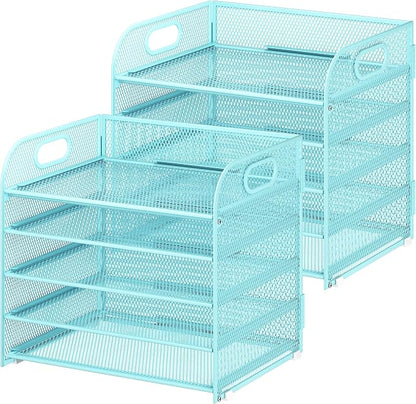 Cawukege 2 Pack 5 Tier Paper Organizer, Letter Tray with Handle, Mesh Desk Organizer, Metal File Organizer, Office Desk Accessories for Home, Office, Classroom, School -Blue