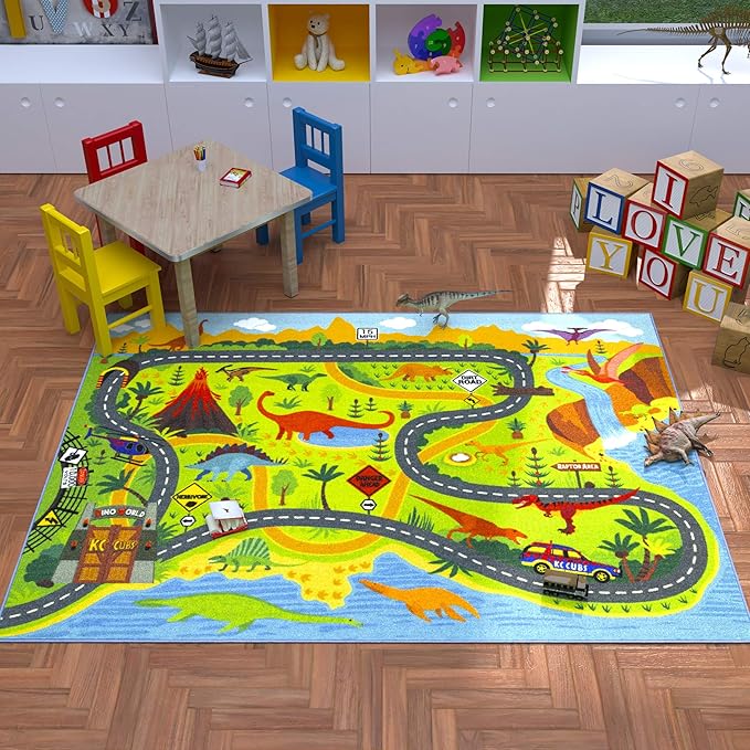 KC Cubs Dinosaur Dino Safari Road Map Learning & Game Area Carpet for Kids and Children Bedrooms and Playroom Educational Rug, 5 ft x 6 ft 6 in, Multi