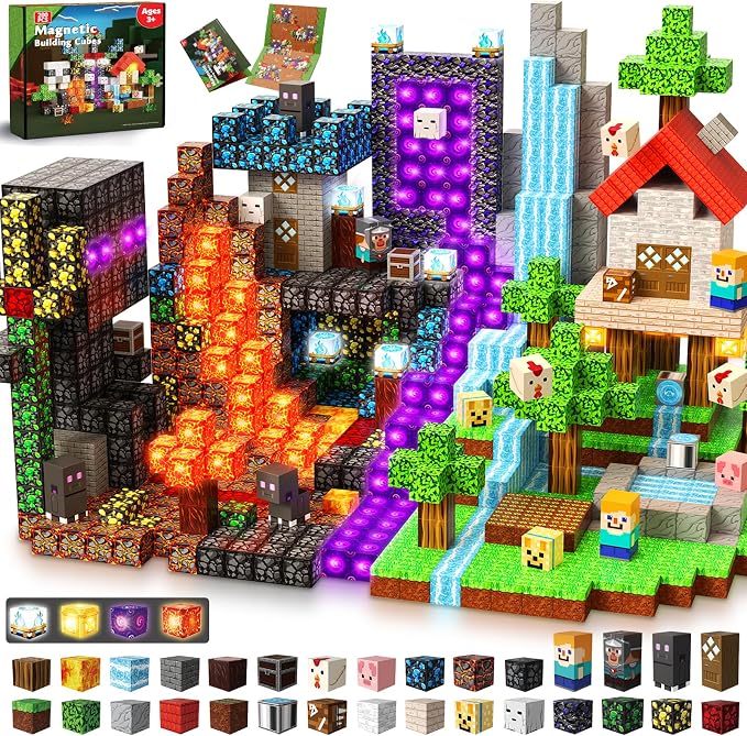 200 PCS Magnetic Blocks with Light Up Blocks - Magnetic Building Blocks, Magnetic Construction Cube Toys, STEM Sensory Learning Toys, Easter Christmas Birthday Gifts for Toddlers Boys and Girls Age 3+