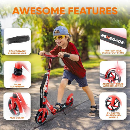 Hurtle Renegade Kick Scooter for Kids, Teenagers & Adults - 2-Wheel Folding Scooter with Adjustable T-Bar Handlebar - Alloy Anti-Slip Deck